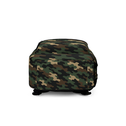 Printify camo backpack with rugged design, ideal for school, hiking, and travel, featuring adjustable straps and outdoor-ready style.