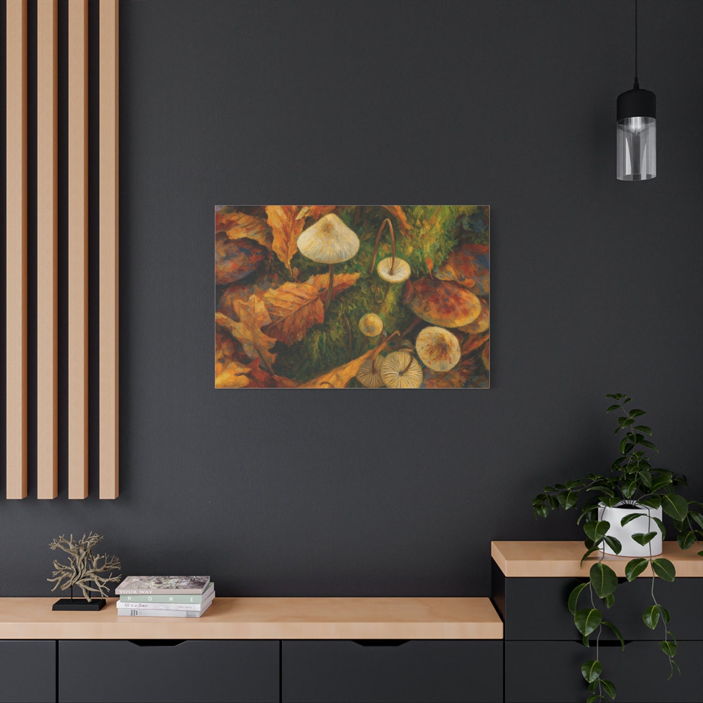 Autumn Mushrooms Canvas by Printify featuring a detailed illustration of colorful mushrooms on a textured canvas background.
