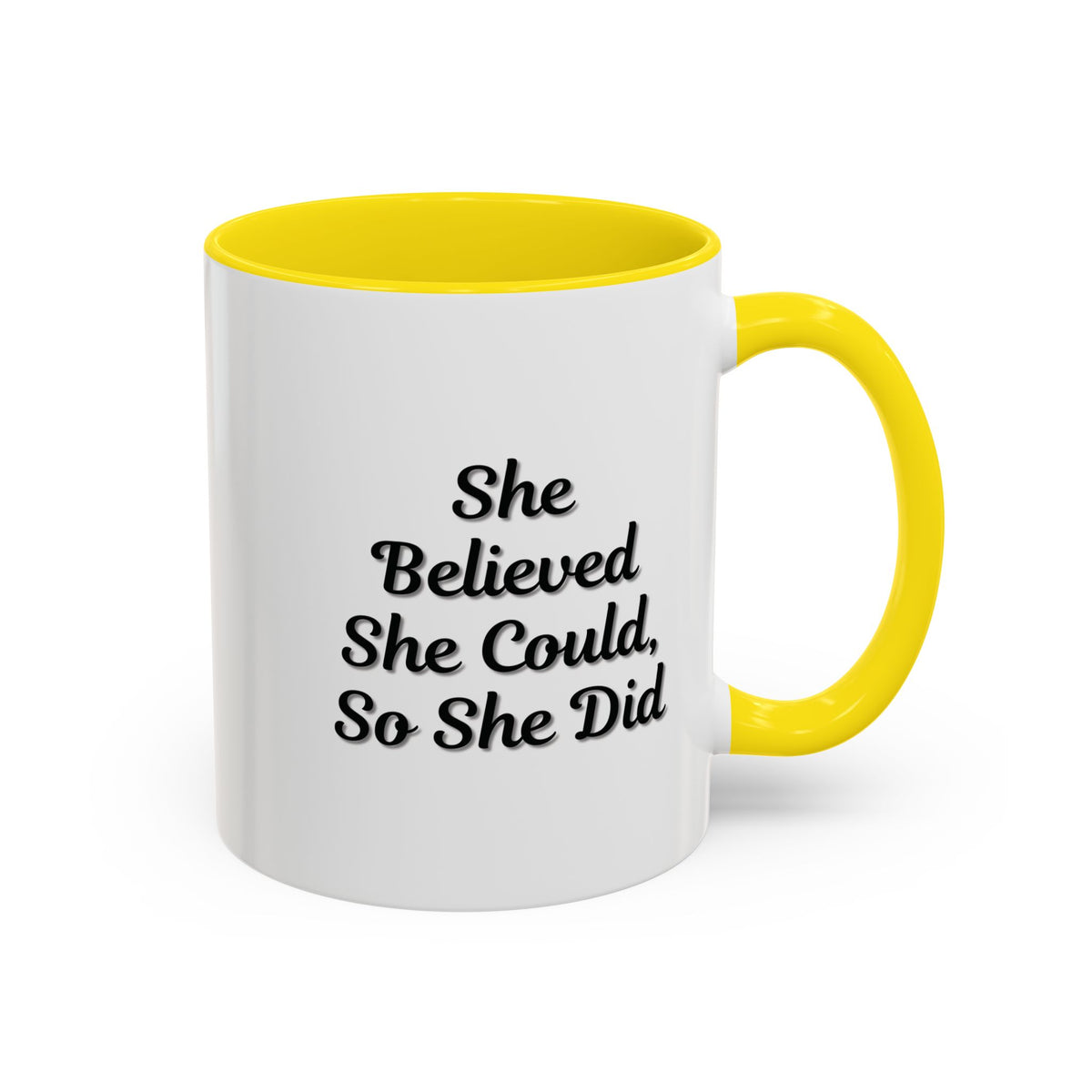 Printify motivational coffee mug with "She Believed She Could, So She Did" quote on ceramic mug for daily inspiration.