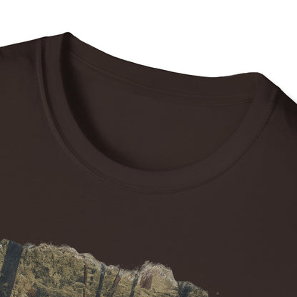 Vintage forest landscape print on Printify Nature Pathway T-Shirt, featuring a nature-inspired design with trees and pathway.