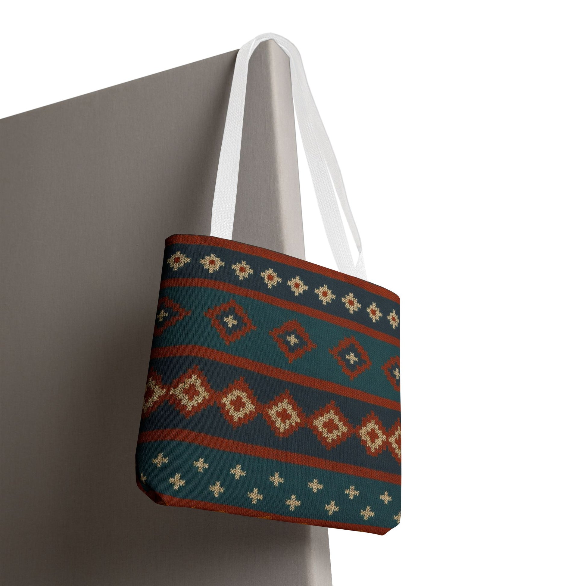 Southwestern diamond pattern tote bag with aztec tribal geometric print, made by Printify, featuring vibrant fabric and sturdy handles.