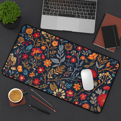 Autumn floral pattern desk mat with fall flowers design by Printify, featuring a colorful and decorative mouse pad for office use.