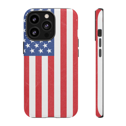 American flag tough phone case for iPhone and Samsung, patriotic protective cover with bold flag design by Printify