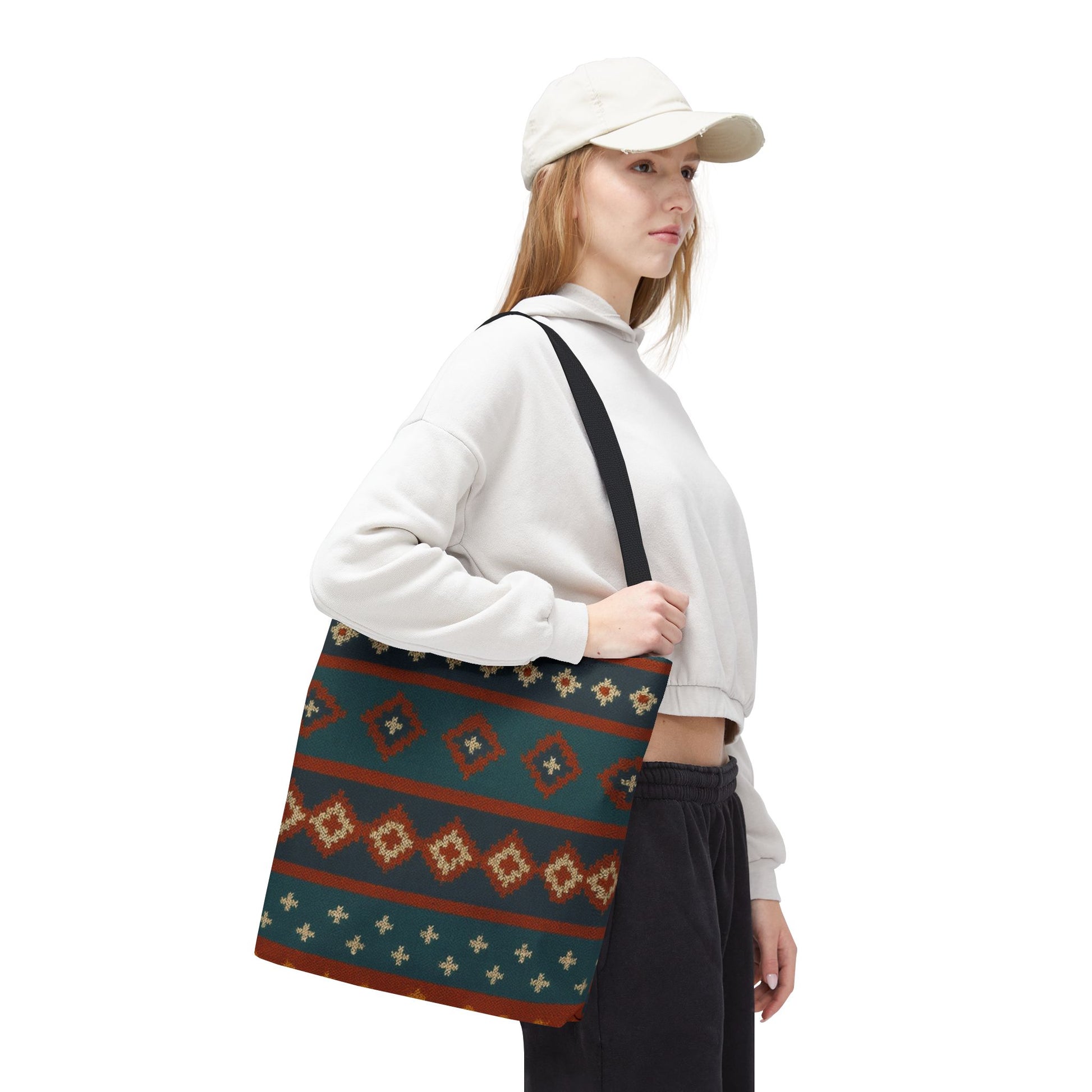 Southwestern diamond pattern tote bag with Aztec tribal geometric print, featuring durable fabric and sturdy handles by Printify.