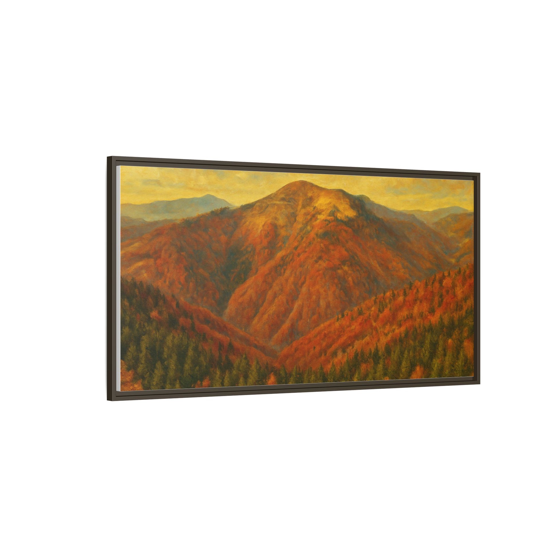 Autumn mountain landscape canvas wall art by Printify, featuring a matte framed print of colorful mountain scenery.