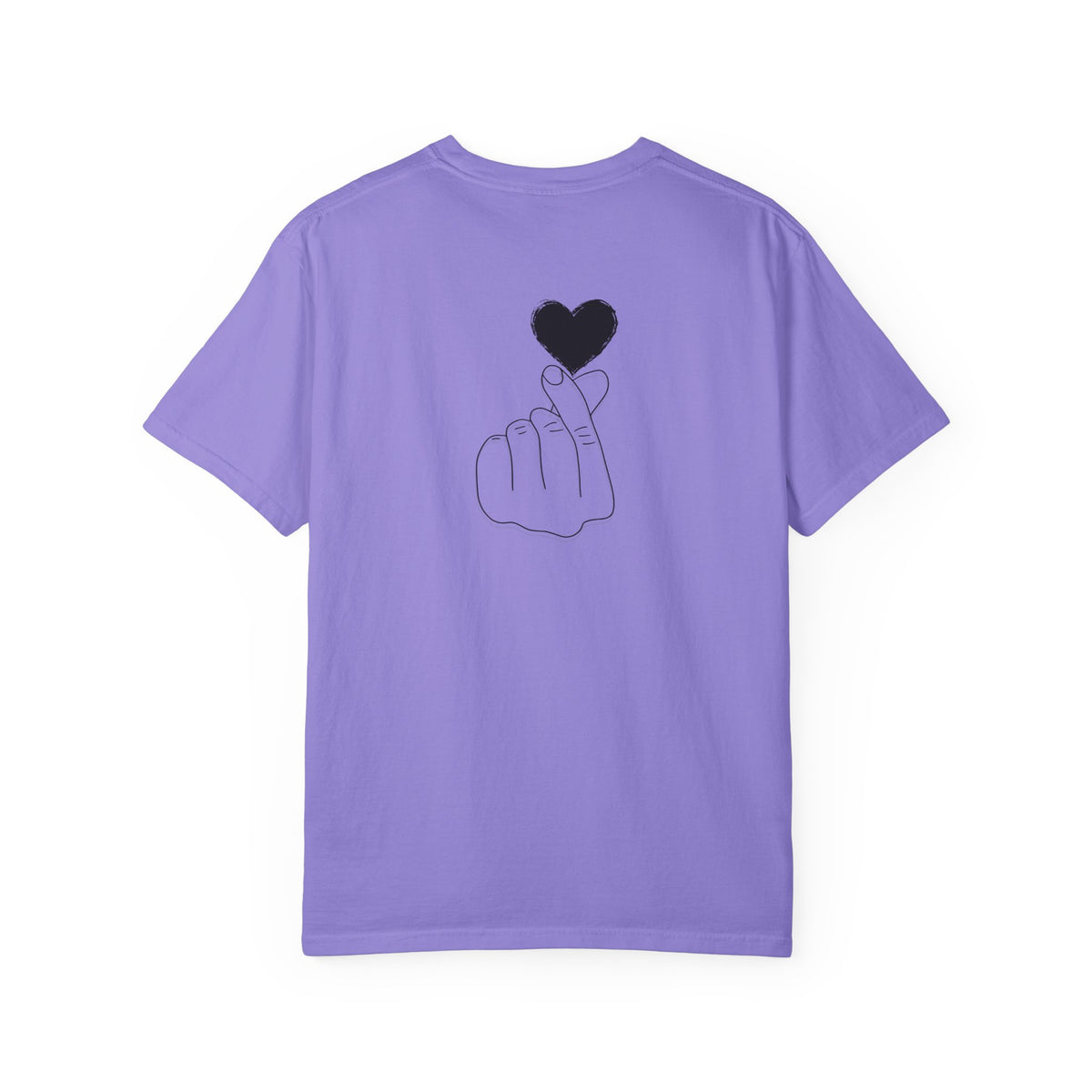 Black T-shirt with minimal white finger heart graphic, casual style, designed by Printify.