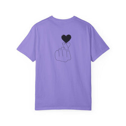 Black T-shirt with minimal white finger heart graphic, casual style, designed by Printify.