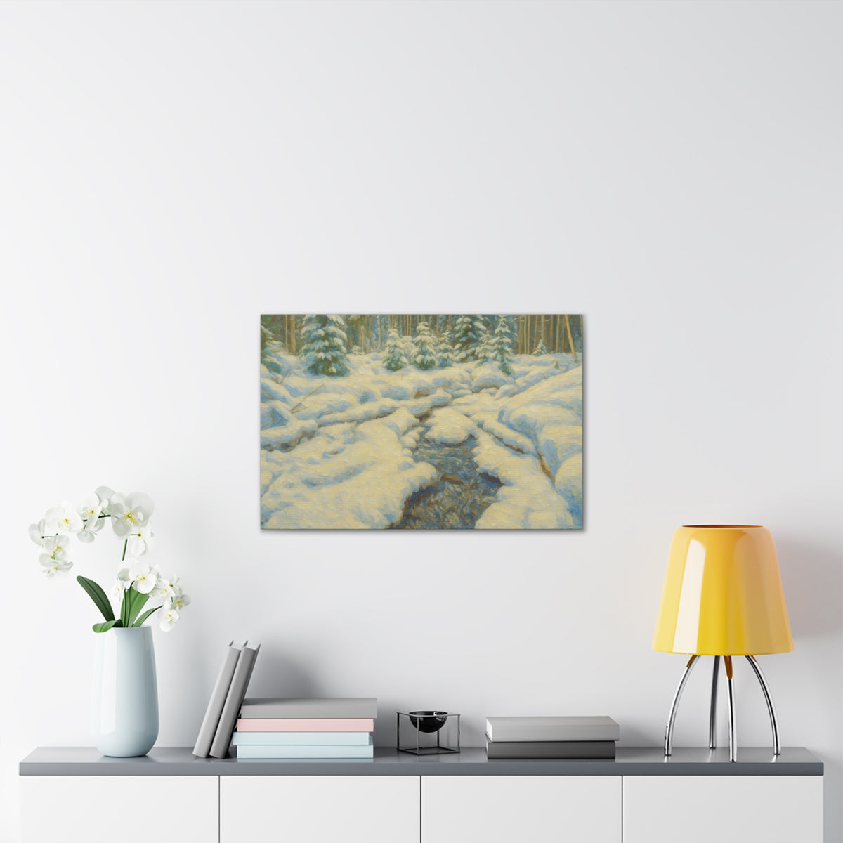 Snowy forest stream winter landscape canvas wall art by Printify, featuring a serene snowy forest scene on stretched canvas.