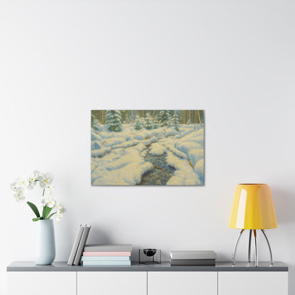Snowy forest stream winter landscape canvas wall art by Printify, featuring a serene snowy forest scene on stretched canvas.