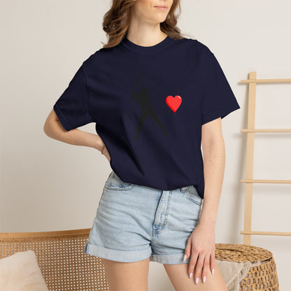 White baseball batter heart T-shirt by Printify featuring a baseball player with a heart graphic on the front.