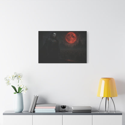 Red moon vampire lord matte canvas print by Printify featuring gothic vampire artwork on high-quality canvas.