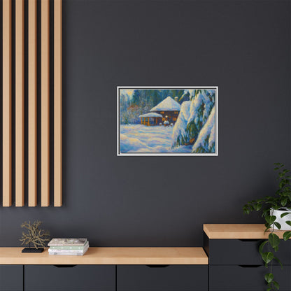 Framed matte canvas wall art of a snowy cabin winter landscape, featuring a cozy cabin surrounded by snow-covered trees.