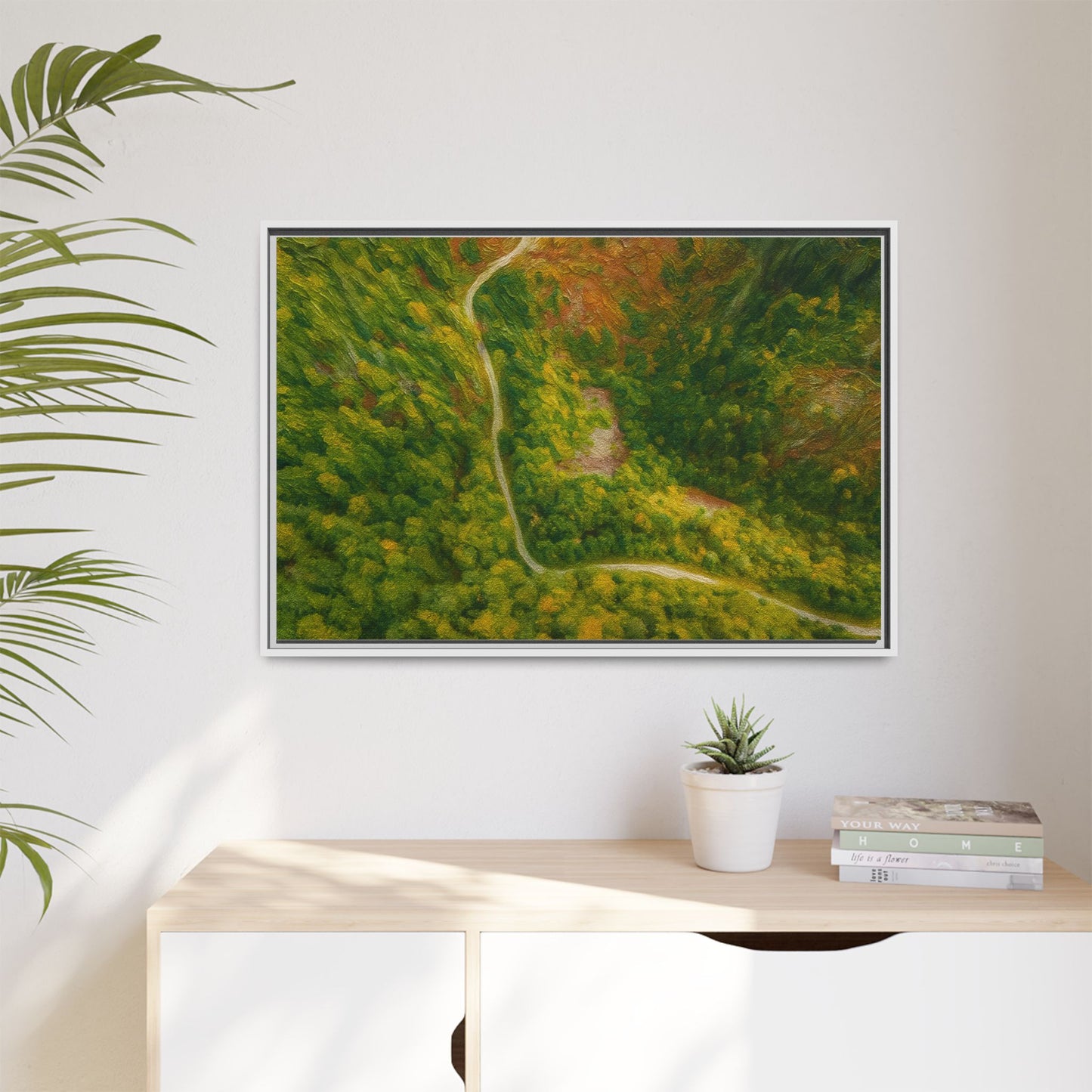 Colorful framed matte canvas wall art featuring a forest path aerial landscape by Printify