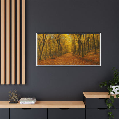 Autumn Forest Path matte canvas framed wall art featuring a scenic fall forest scene with trees and a winding trail.