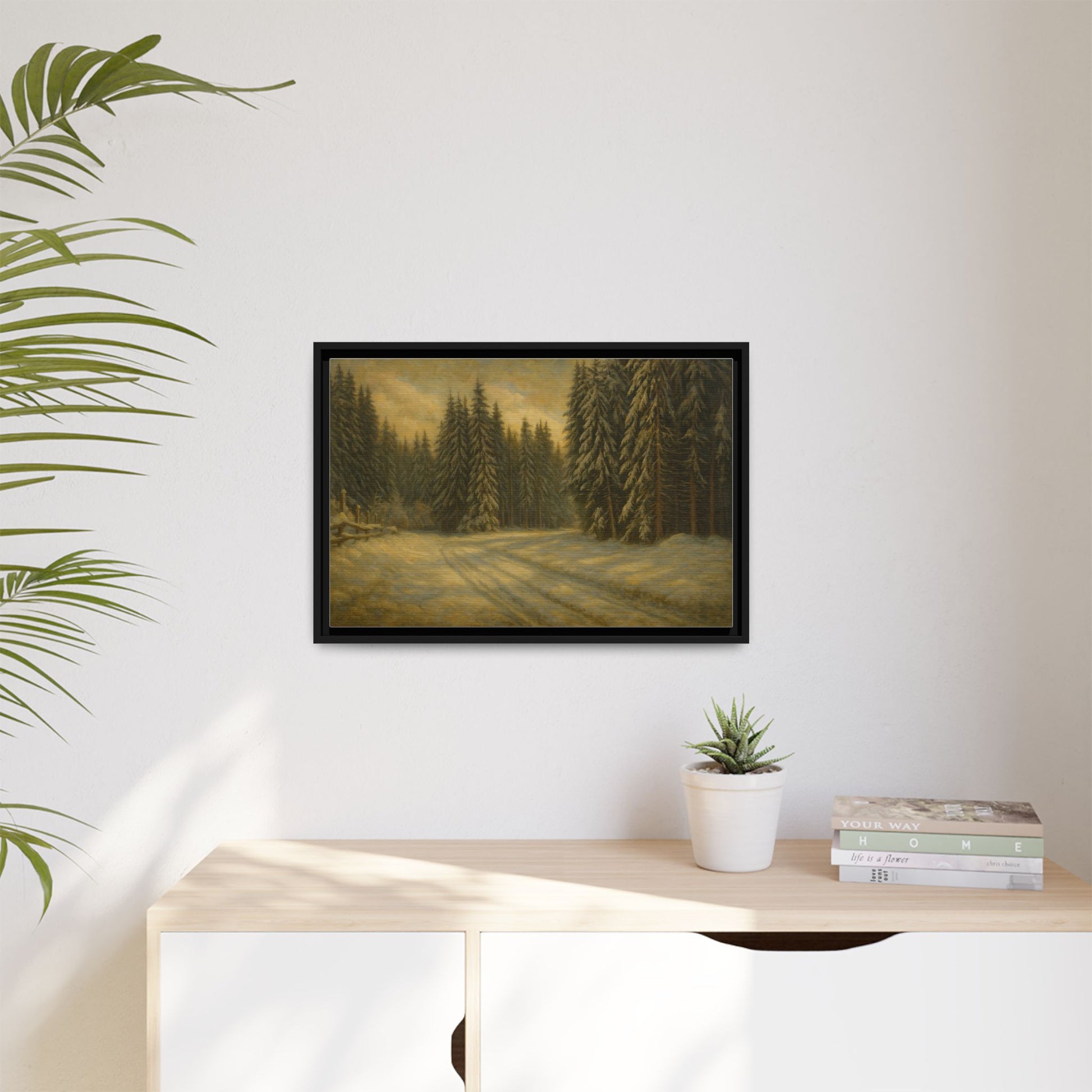 Framed matte canvas of a winter forest landscape wall art by Printify, showcasing snow-covered trees and serene woodland scenery.