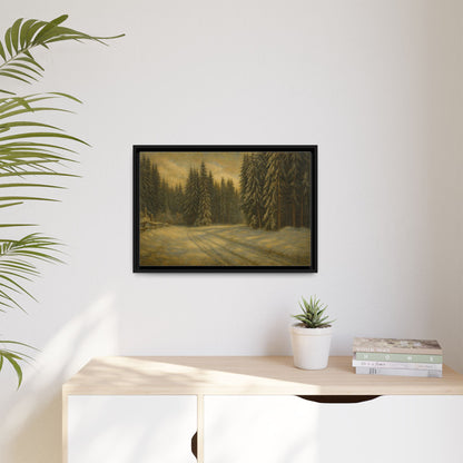 Framed matte canvas of a winter forest landscape wall art by Printify, showcasing snow-covered trees and serene woodland scenery.