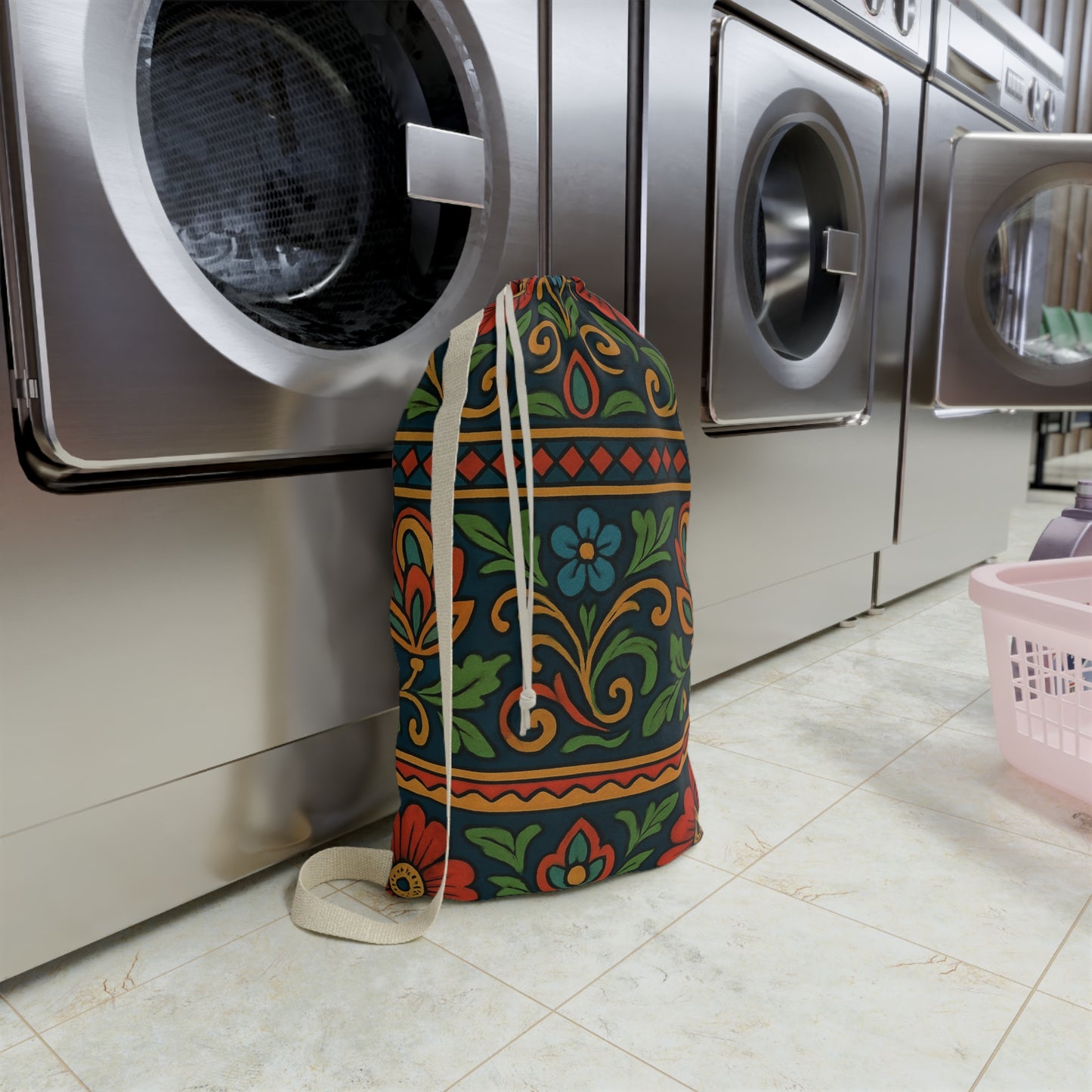 Boho floral pattern laundry bag with drawstring closure, featuring folk floral design by Printify for organizing laundry.