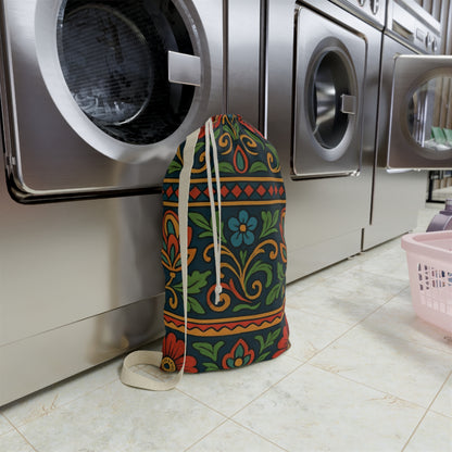 Boho floral pattern laundry bag with drawstring closure, featuring folk floral design by Printify for organizing laundry.