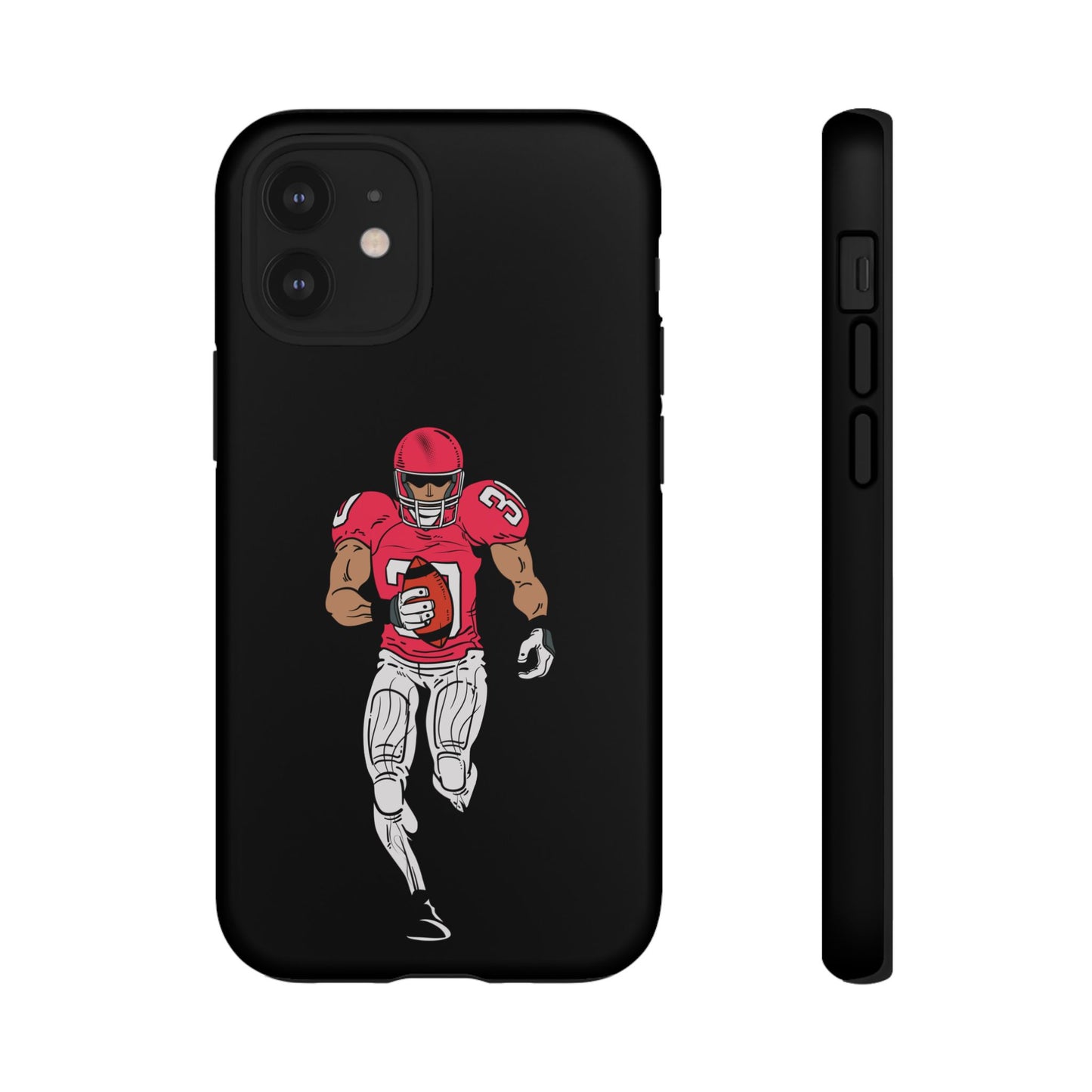 Black football player tough phone case for iPhone, durable protective sports design by Printify with a football athlete image.