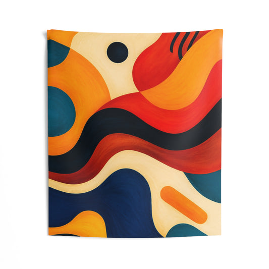 Colorful retro wave wall tapestry by Printify featuring abstract mid-century design, perfect for living rooms, dorms, or offices.
