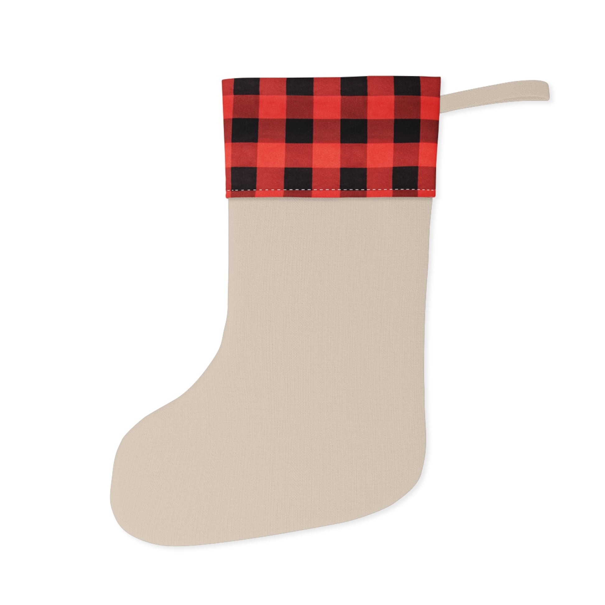Buffalo plaid Christmas stocking with snowflake ornaments and "Merry Christmas" text, festive holiday decor by Printify.