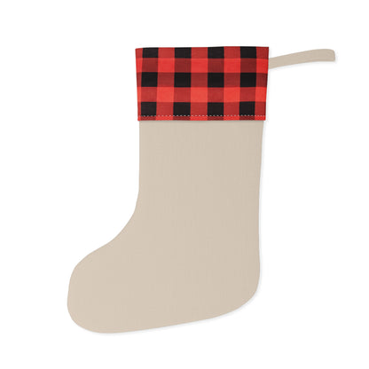 Buffalo plaid Christmas stocking with snowflake ornaments and "Merry Christmas" text, festive holiday decor by Printify.