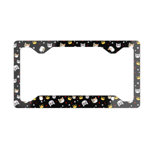 Cute metal license plate frame with crowned kitty cat pattern, car accessory by Printify featuring playful feline design.