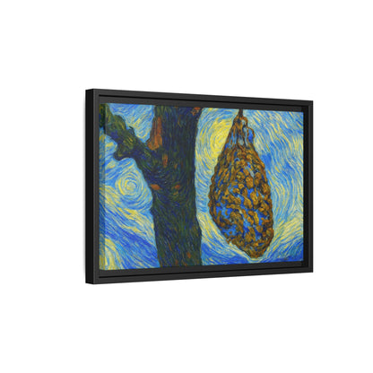 Framed matte canvas art of a starry nut cluster with dried plum colors, printed by Printify, hanging on a white wall.
