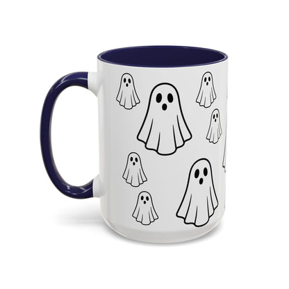 White ceramic coffee mug with ghost pattern and Halloween design, 11oz, by Printify, perfect for spooky season drinks.