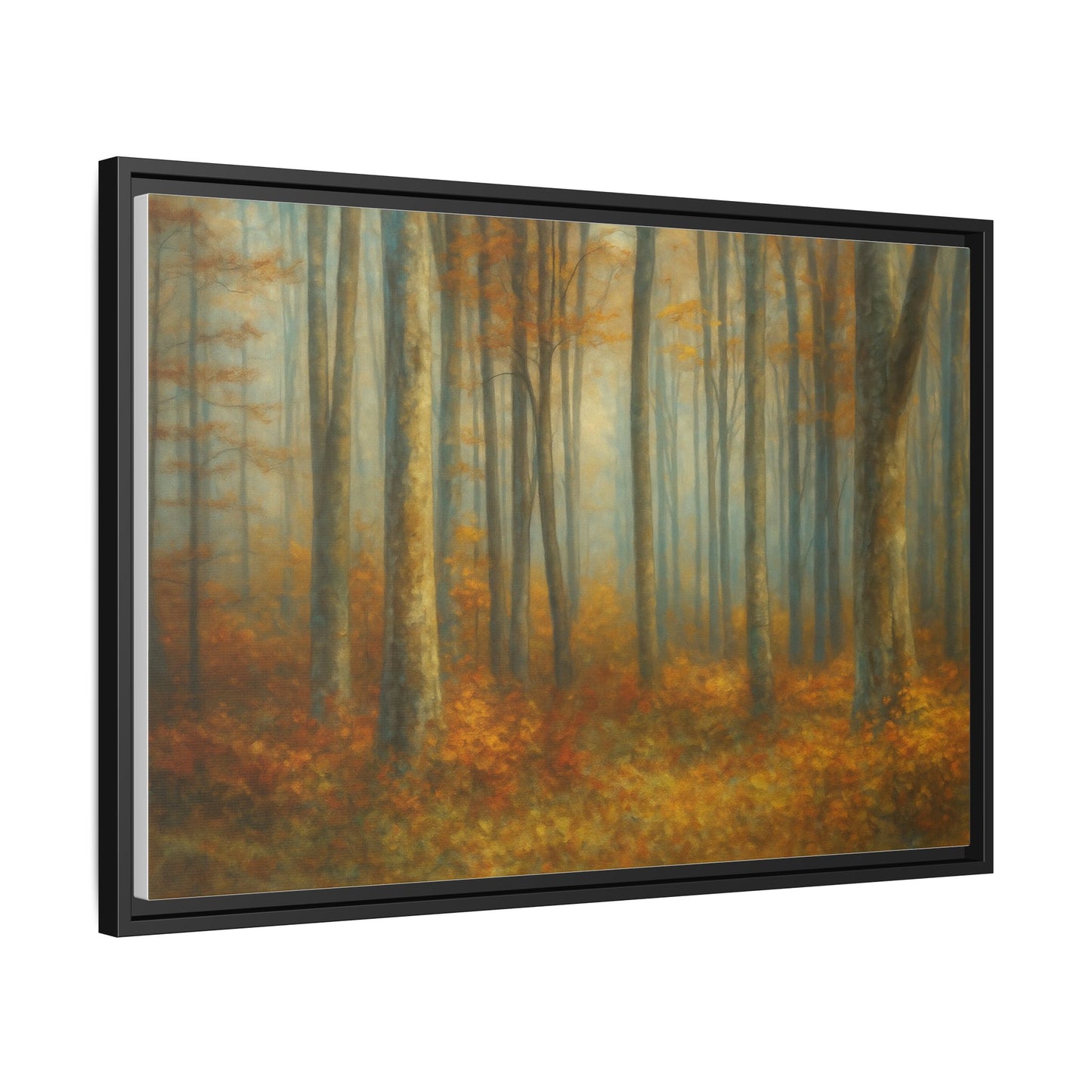 Framed autumn forest canvas print featuring misty woodland scene, wall art by Printify, suitable for rustic or nature-inspired decor