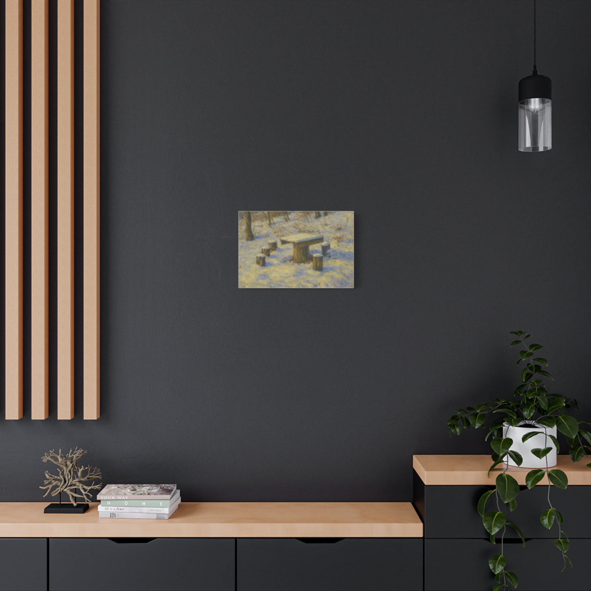 Winter landscape canvas wall art featuring a snowy forest scene, matte stretched print by Printify.