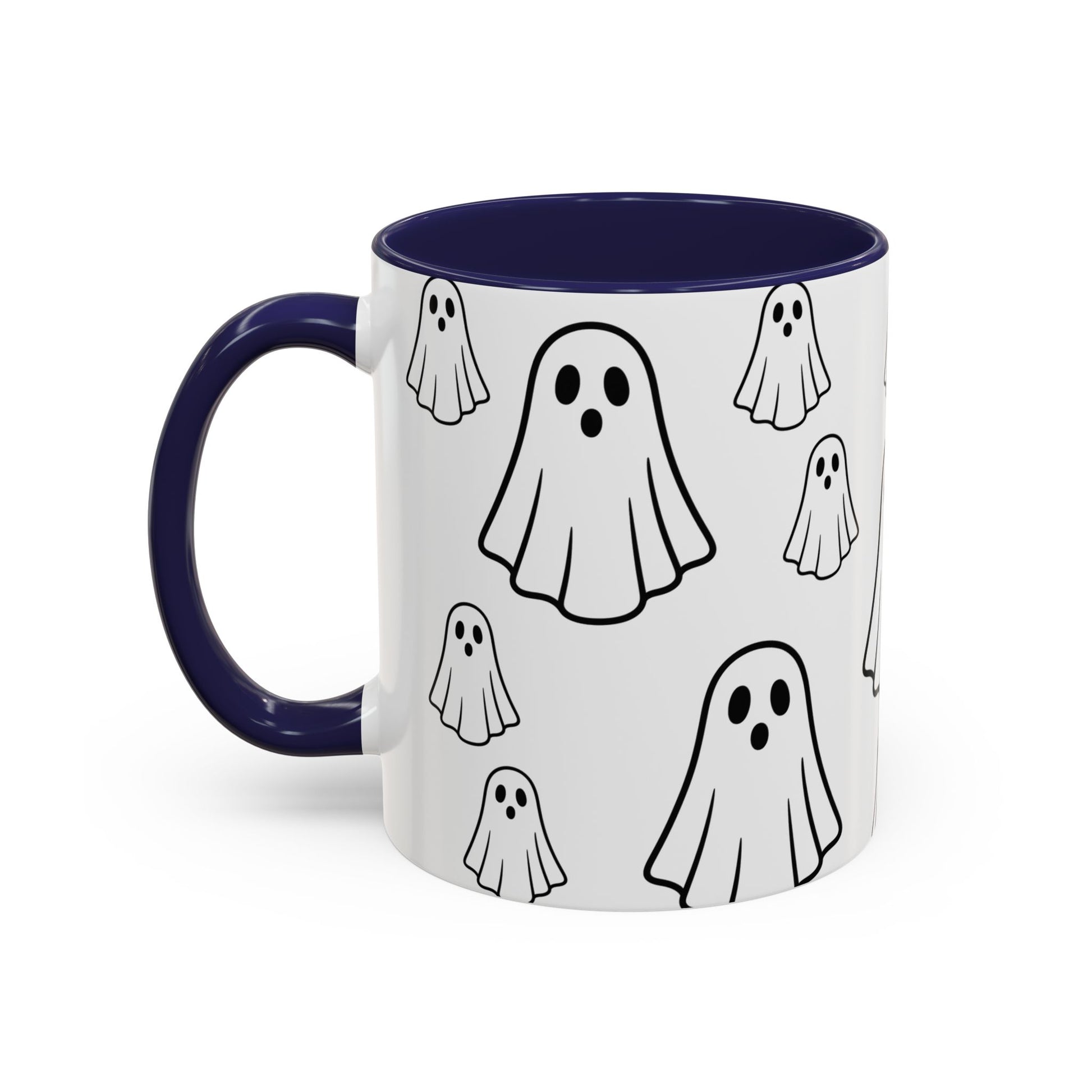 Printify ghost pattern ceramic coffee mug with Halloween-themed design, 11oz size, perfect for seasonal hot beverages.