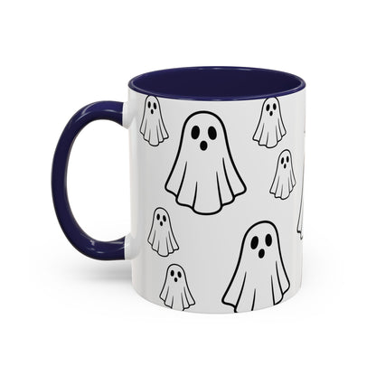 Printify ghost pattern ceramic coffee mug with Halloween-themed design, 11oz size, perfect for seasonal hot beverages.