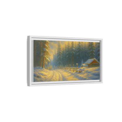 Framed winter cabin canvas print featuring a snowy forest sunset, wall art by Printify with warm, natural outdoor scenery.