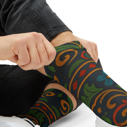 Victorian floral tile patterned sublimation crew socks with all-over print by Printify, showcasing intricate floral and tile designs.