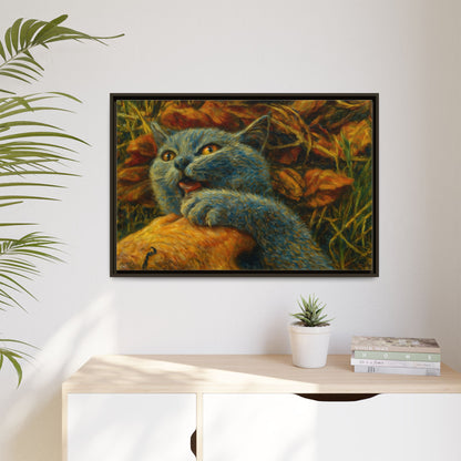 Blue cat canvas print featuring whimsical wall art design, perfect for cat lovers and home decor.