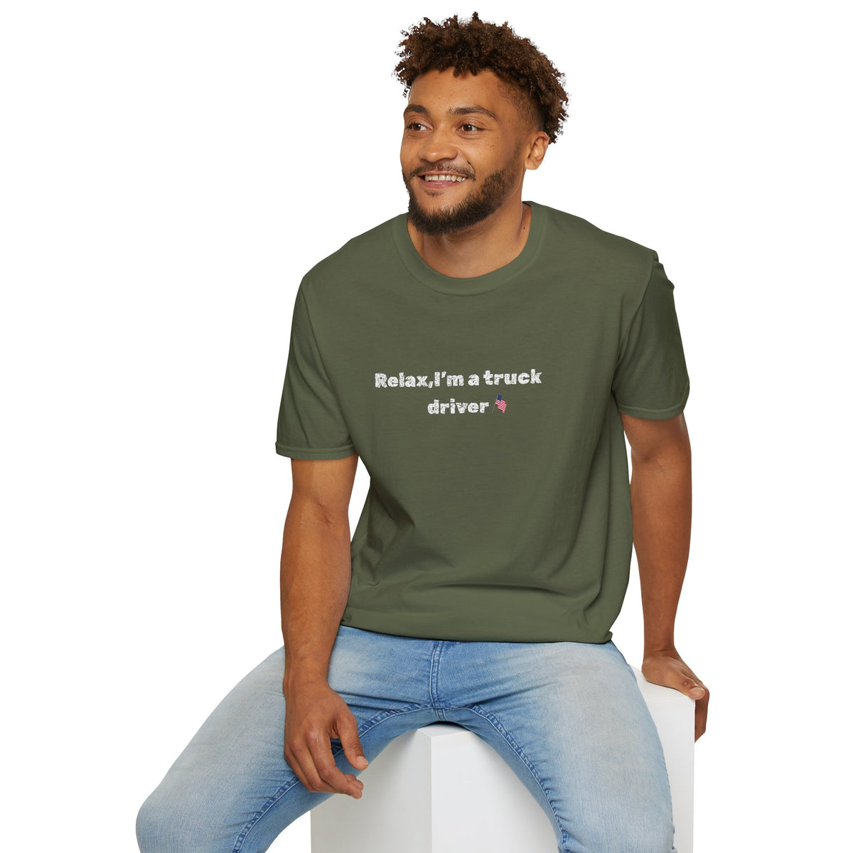 Pink heart graphic on black truck driver T-shirt with humorous "Relax, I'm a Truck Driver" print by Printify.
