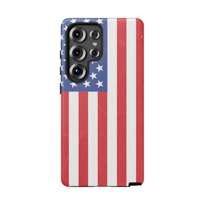 American flag tough phone case by Printify, patriotic protective cover for iPhone and Samsung smartphones.