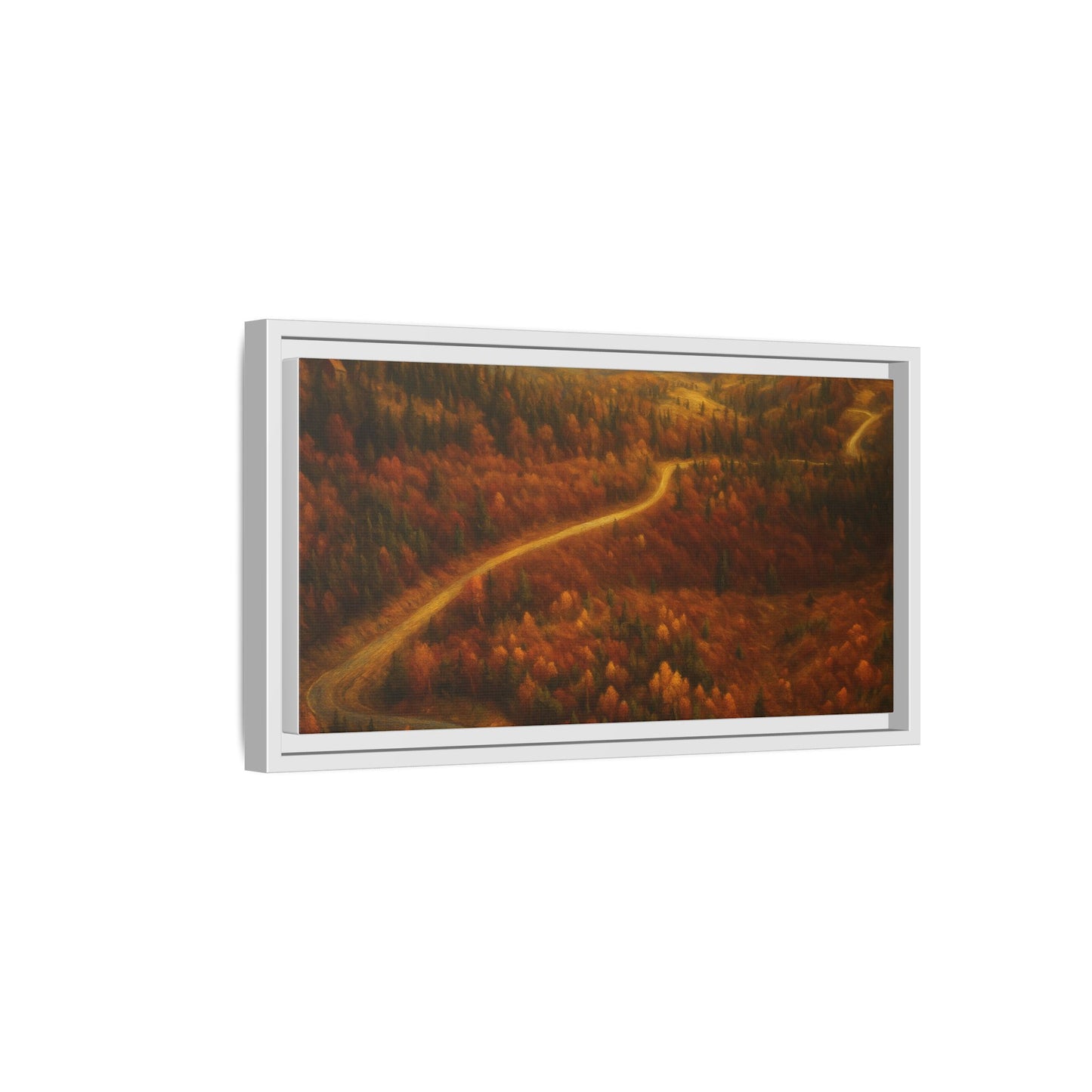 Framed matte canvas print of autumn forest road landscape wall art by Printify, showcasing vibrant fall trees and a winding path.
