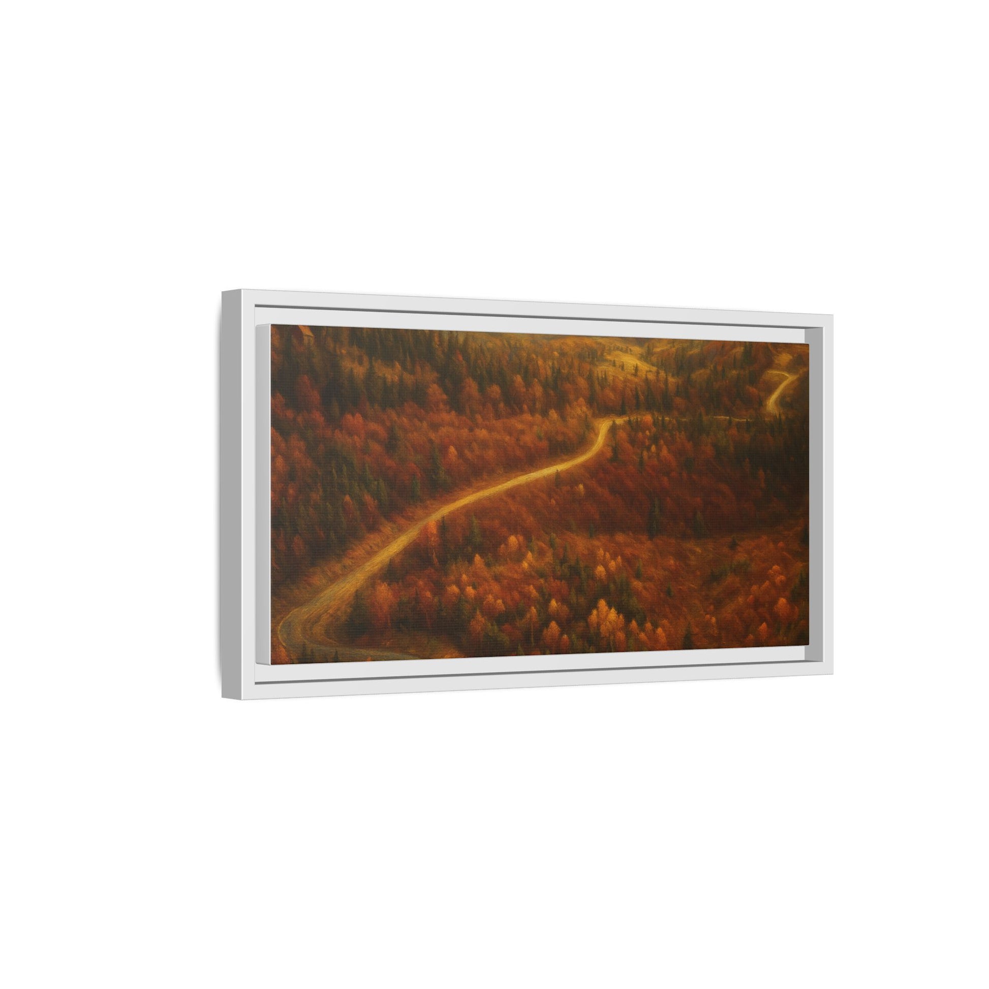 Framed matte canvas print of autumn forest road landscape wall art by Printify, showcasing vibrant fall trees and a winding path.