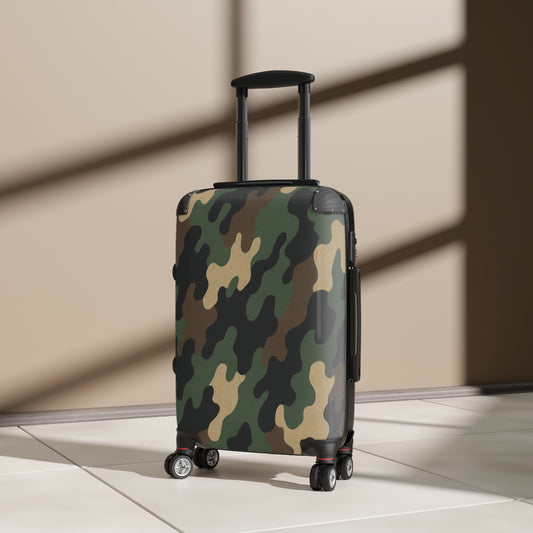 Military camo carry-on suitcase by Printify featuring durable fabric, compact design, and camouflage pattern for travel.