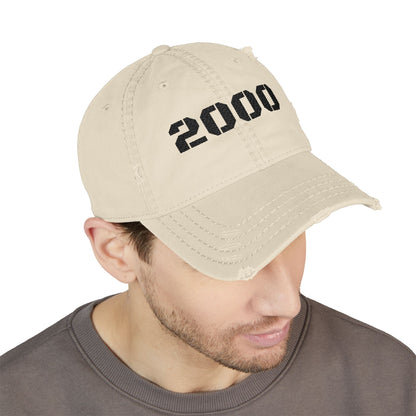 Vintage military grey distressed dad hat with embroidered '2000' design, featuring a classic baseball cap style by Printify.