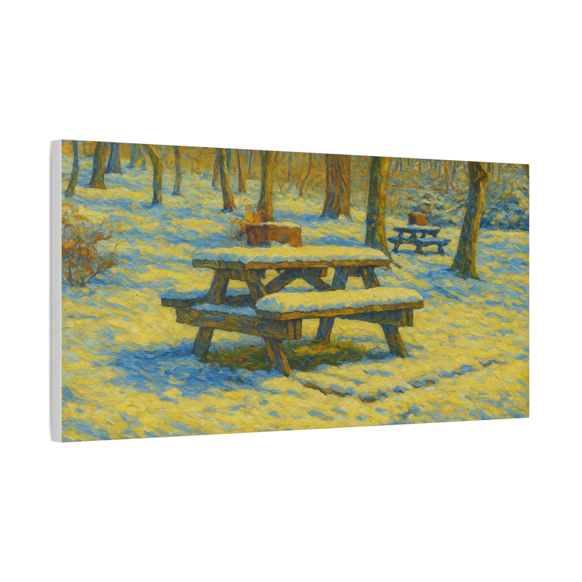 Winter picnic canvas print showing a snow-covered park bench wall art by Printify, perfect for winter decor.