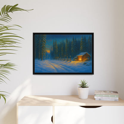 Cozy winter cabin matte framed canvas wall art featuring a snowy forest scene at dusk, perfect for winter home decor.