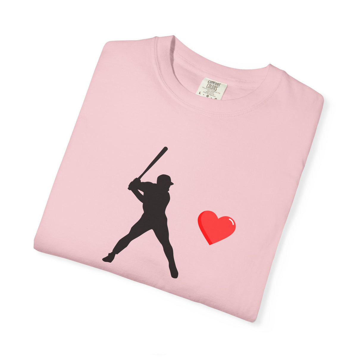 White baseball batter heart T-shirt by Printify featuring a graphic of a batter swinging a bat on the front.