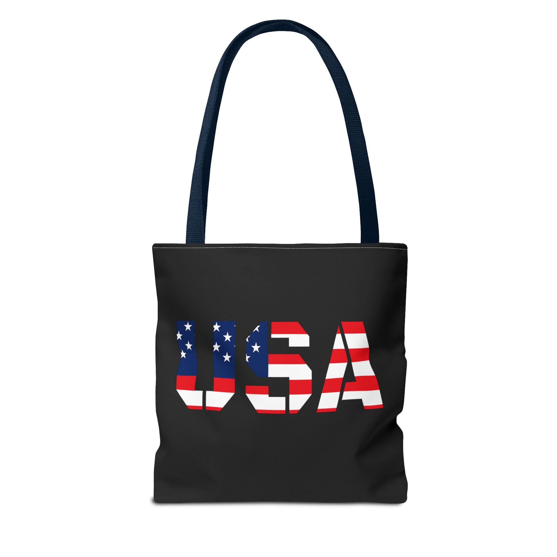 Red, white, and blue USA flag tote bag by Printify, reusable summer carryall for 4th of July celebrations and patriotic events.