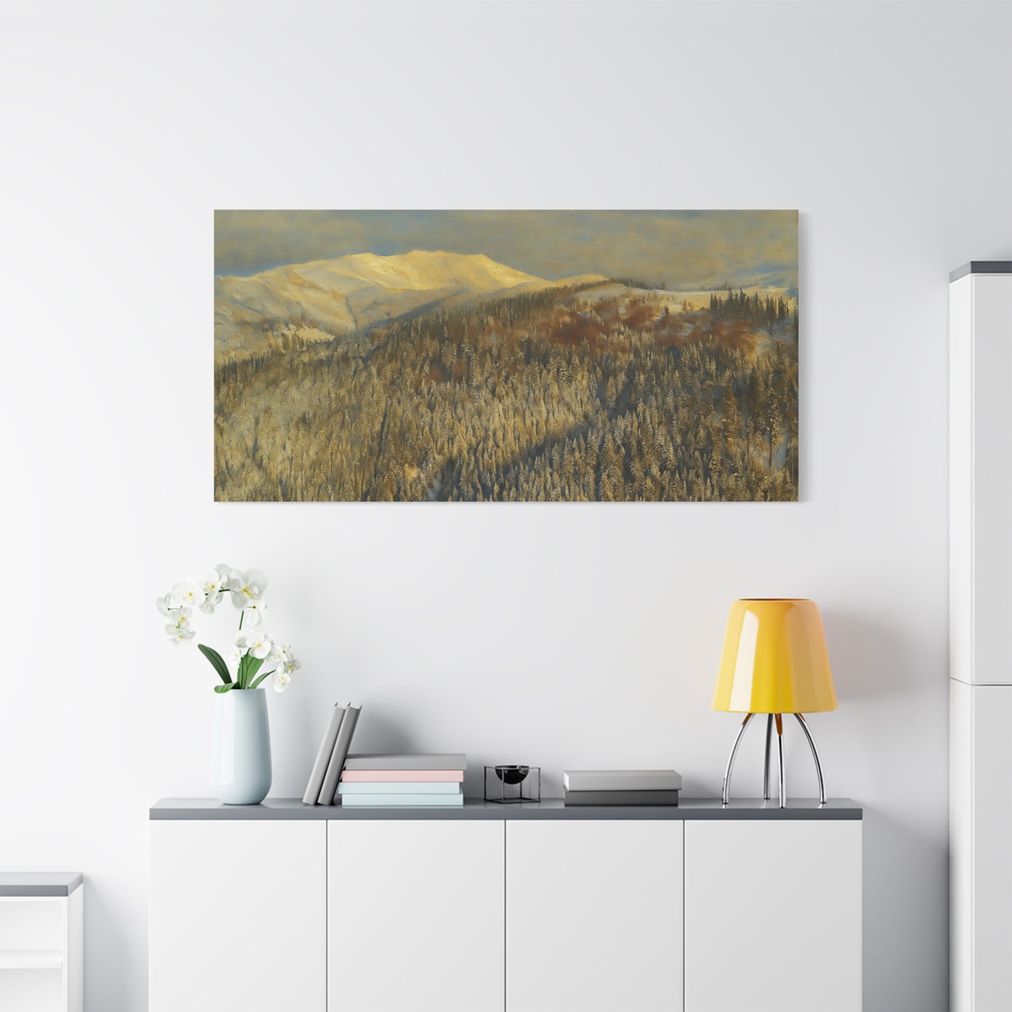 Winter mountain landscape matte canvas print by Printify, stretched 1.25 inches, showcasing snowy peaks and scenic mountain views.