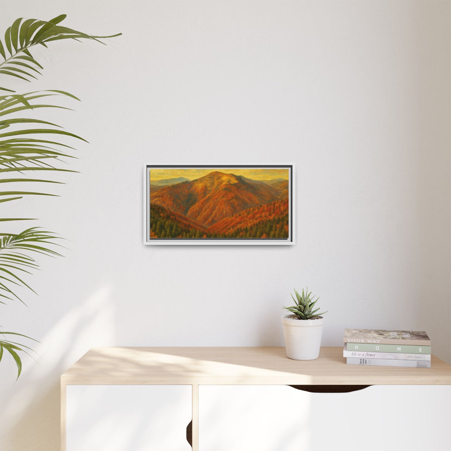 Autumn mountain matte canvas framed wall art by Printify featuring a scenic mountain landscape in warm autumn colors.