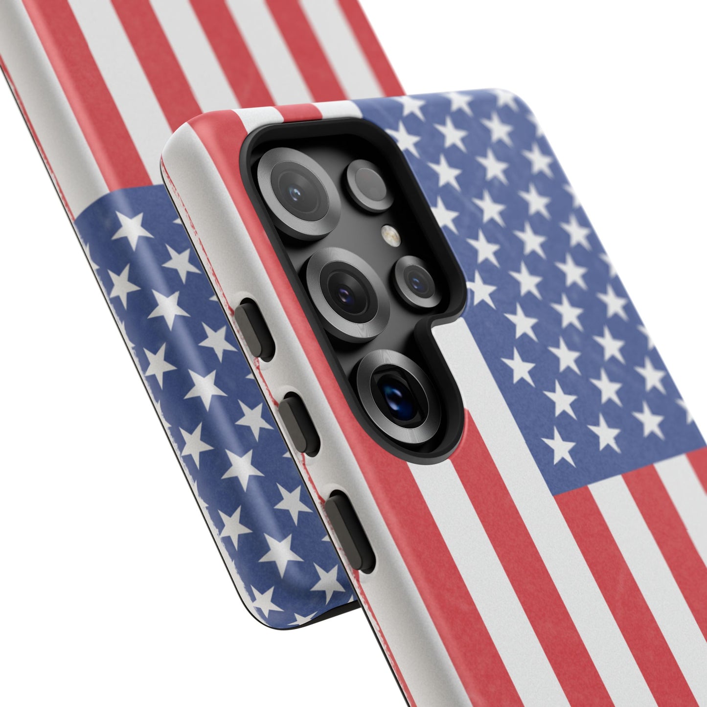 Durable American flag phone case for iPhone featuring a patriotic design, made by Printify for rugged protection.