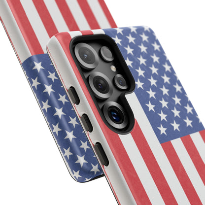 Durable American flag phone case for iPhone featuring a patriotic design, made by Printify for rugged protection.